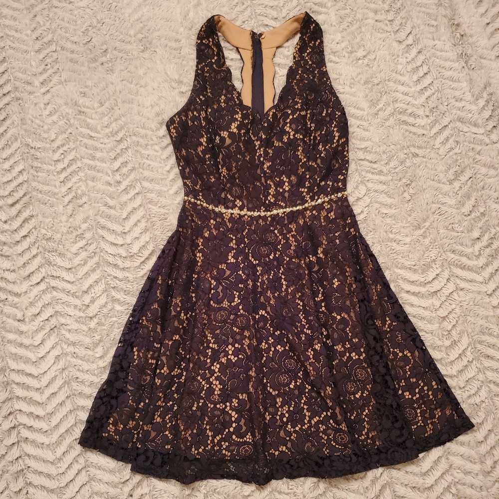Navy Blue & Nude Lace Halter Dress